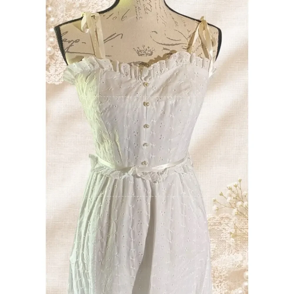 Vintage Victoria Vaughn White Eyelet Prairie Maxi Dress Cottage Bridal 7 USA - Picture 4 of 14